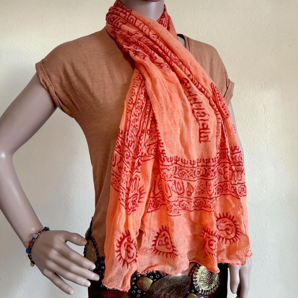Vintage 90 Hindu Scarf Orange Om Namah Shivaya Lord Shiva Puja Shawl India